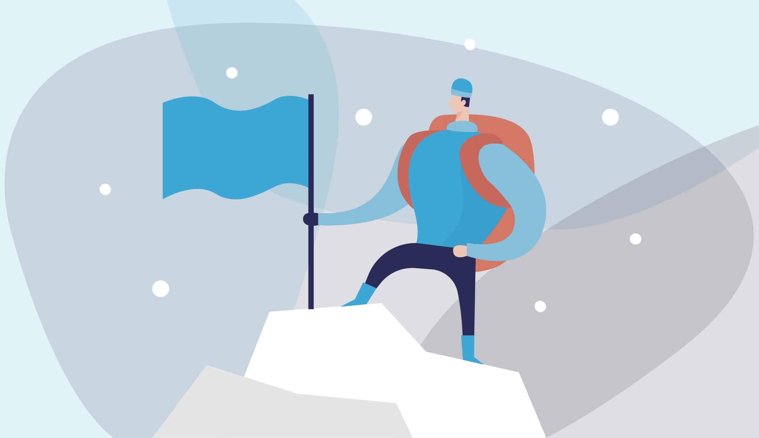 Illustration af lederen på toppen af et bjerg med sit flag plantet på toppen